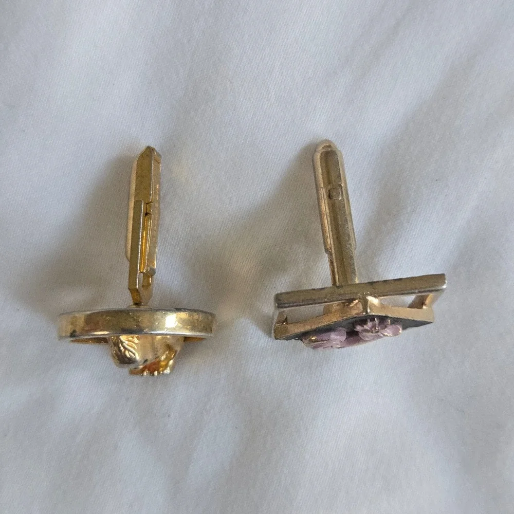 VTG Mismatched‎ Cufflinks Gold Troll Rooster Purple Black Mens Jewelry Unbranded